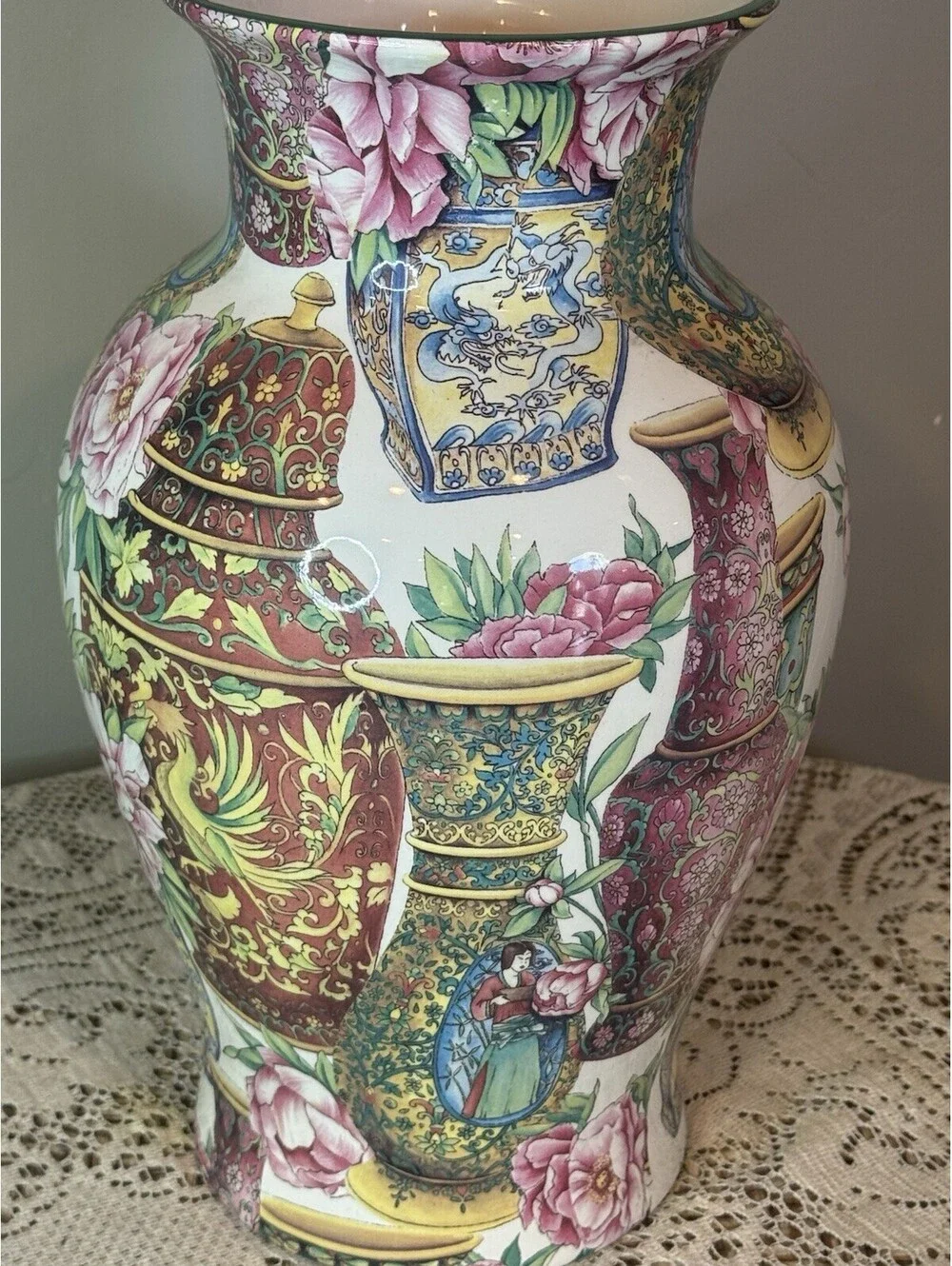 Hand Painted Rose Medallion Porcelain Vase 13”h x 7